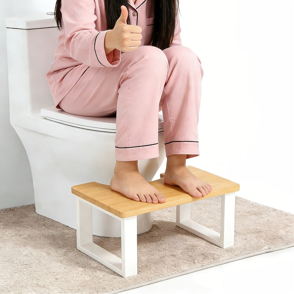 Squat Toilet Stool with Non-Slip Bamboo Surface - Ergonomic Bathroom Foot Rest for Adults, 400 LBS Capacity, Wide Stable Base, 7-Inch Height, Stain & Crack Resistant, Fits Most Toilets, White & Black