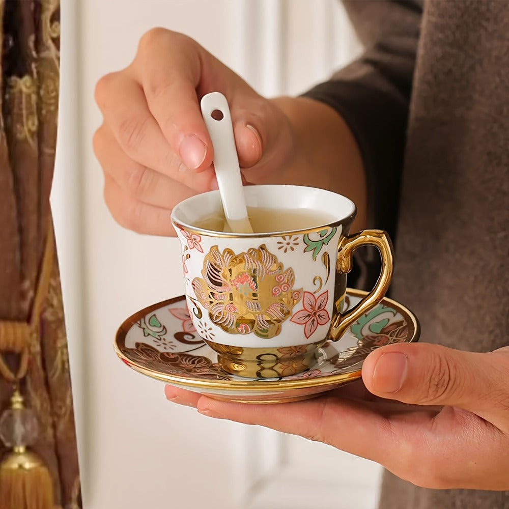 Floral Ceramic Tea Set 20 Pcs ¨C European Porcelain Tea Cups & Saucers with Metal Holder & 15 Oz Teapot ¨C Luxury Arabic Coffee Cup Set for Espresso, Cappuccino & Afternoon Tea ¨C Elegant Gift