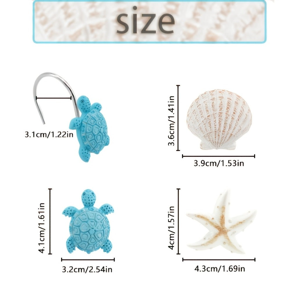 12pcs Resin Marine Shower Curtain Hooks ¨C Blue Turtle & Starfish Shell Decorative Bathroom Curtain Ring Hangers Home Decor Accessories