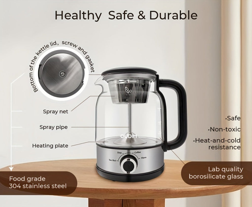 Drip Coffee Maker Electric Kettle 600W 40.58oz BPA-Free Glass Stainless Steel Spray Brew Keep Warm Boil-Dry Protection for Coffee Tea Perfect Gift