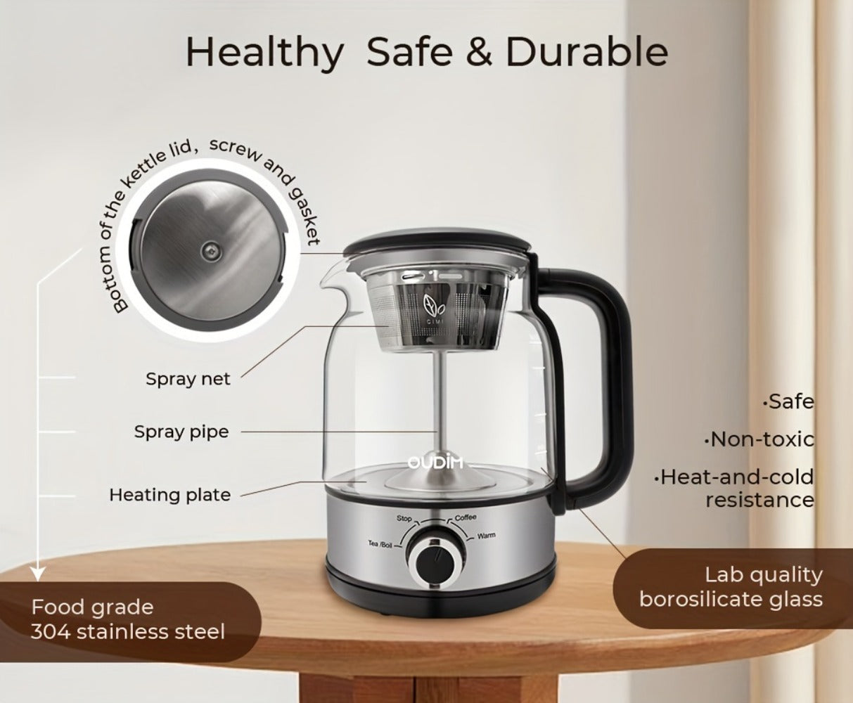 Drip Coffee Maker Electric Kettle 600W 40.58oz BPA-Free Glass Stainless Steel Spray Brew Keep Warm Boil-Dry Protection for Coffee Tea Perfect Gift
