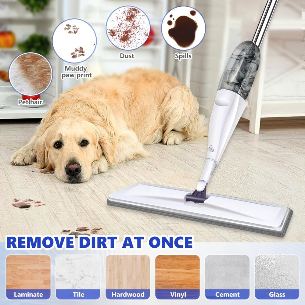 Spray Mop with 3 Washable Microfiber Carbon Fiber Pads Water Spraying Flat Mop Wet Dry Dual Use Floor Cleaning for Hardwood Laminate Tile Ceramic 4pc White