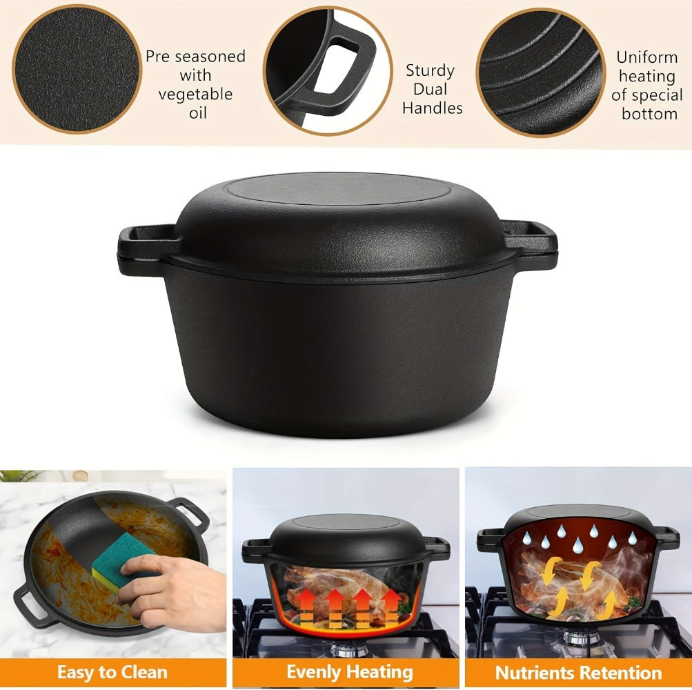 Cast Iron Dutch Oven Set 5.1QT & 7QT with Skillet Lid ¨C Pre-Seasoned 2-in-1 Cookware for Stovetop, Induction, Oven, Campfire & BBQ, Sourdough Bread Baking, Frying, Camping