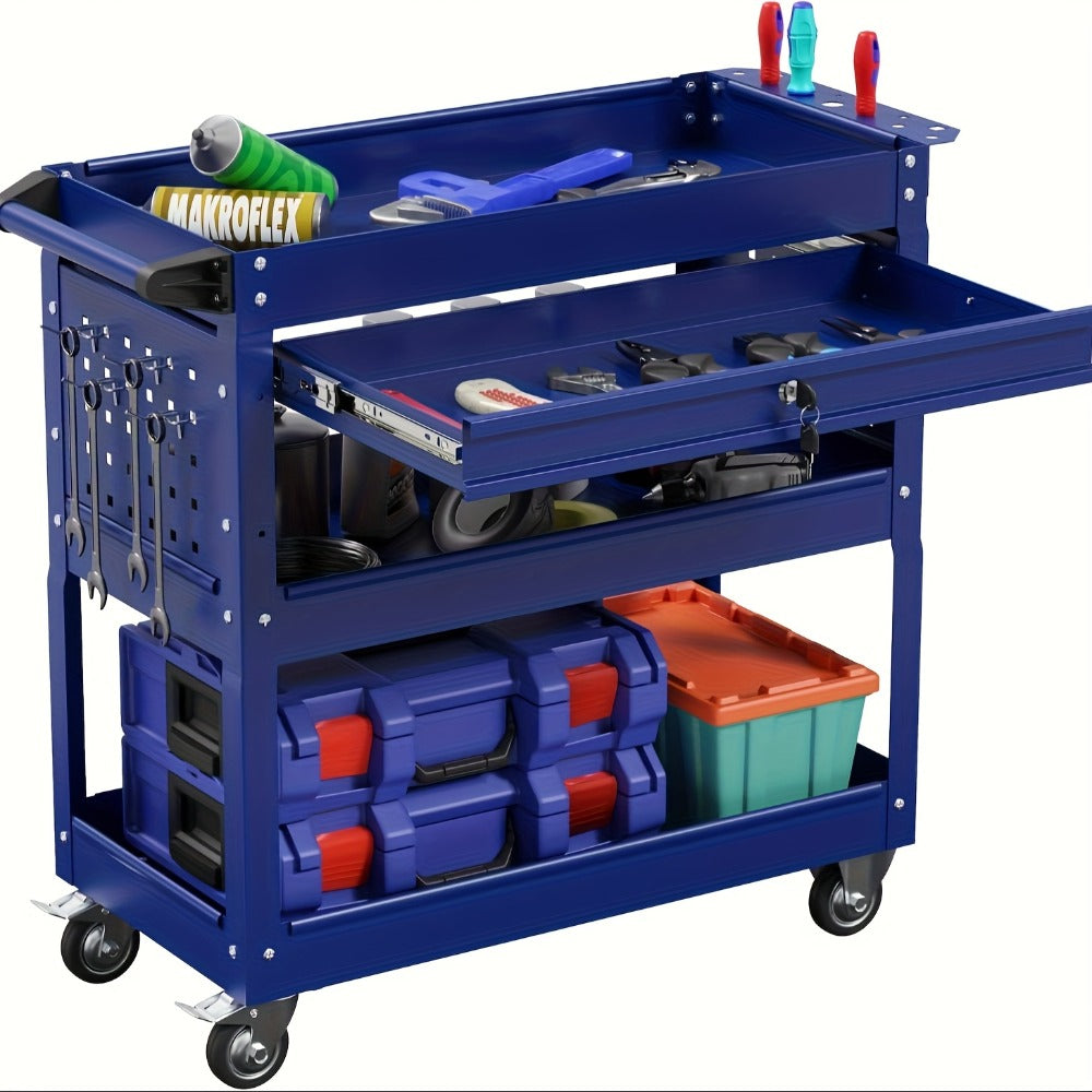Rolling Tool Cart 3-Tier Heavy Duty 330 LBS Capacity Pegboard Organizer Locking Drawer 4 Swivel Casters for Garage Workshop Mechanics Black Yellow