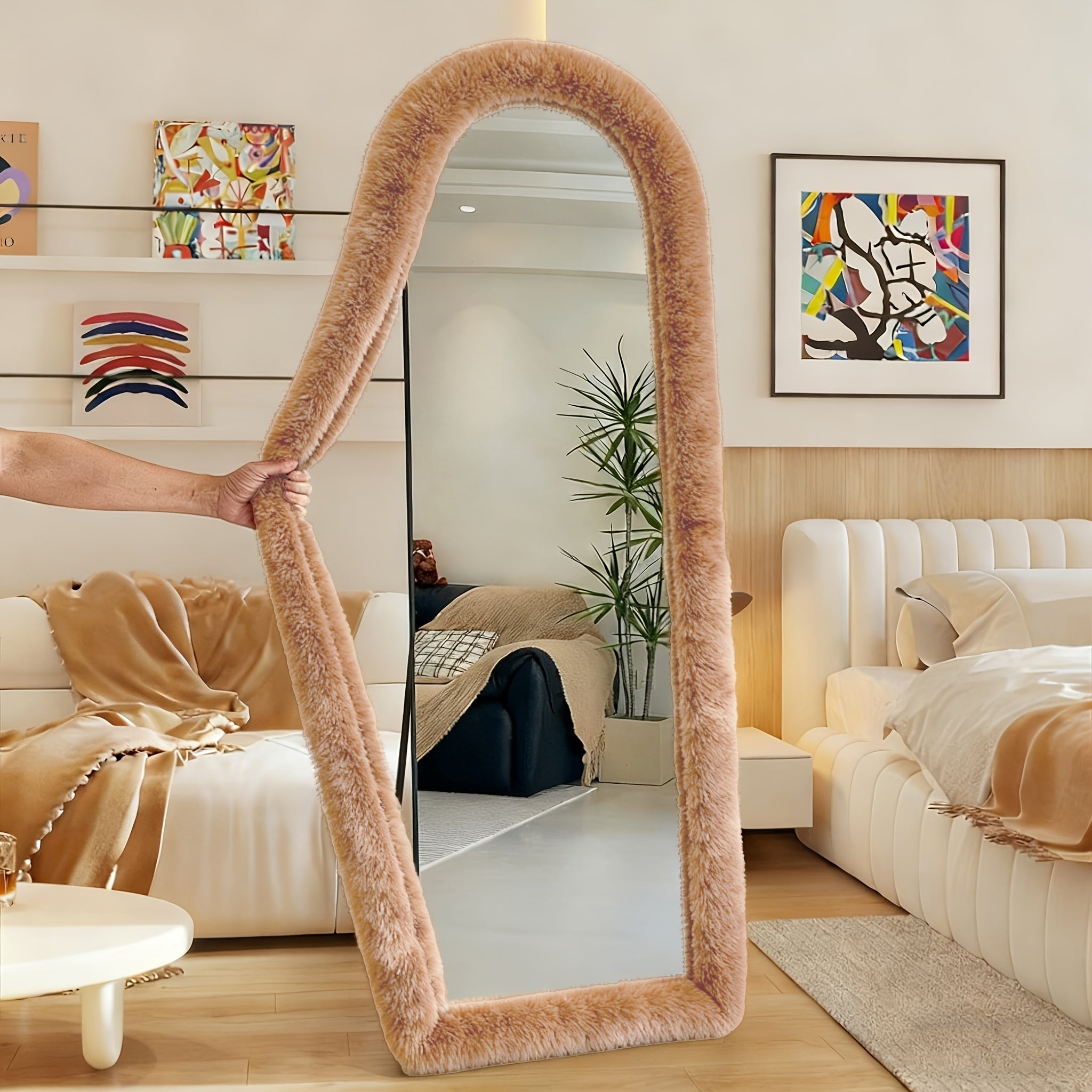 Full Length Floor Mirror Cover Fluffy Stretchable 64¡±x21¡± - Soft Non-Slip Irregular Shape Bedroom Dressing Room Mirror Sleeve 6 Colors