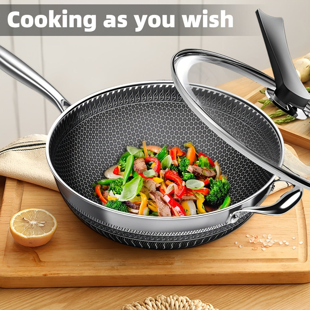 Stainless Steel Wok Set 13.3 Inch Non-stick Honeycomb Design with Lid & 2 Cookware Accessories ¨C Induction Compatible Cooking Pan for Electric Ceramic Gas Stove, Dishwasher Safe
