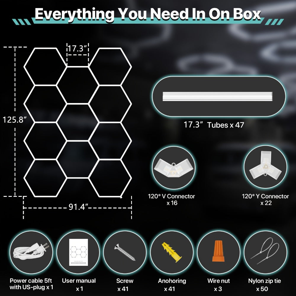 LED Hexagonal Garage Light 6500K ¨C Super Bright Daylight White Shop Light 42W¨C620W for Auto Detailing, Warehouse, Workshop, Basement & Gym (1 to 32 Grids, Hex Frame Available)