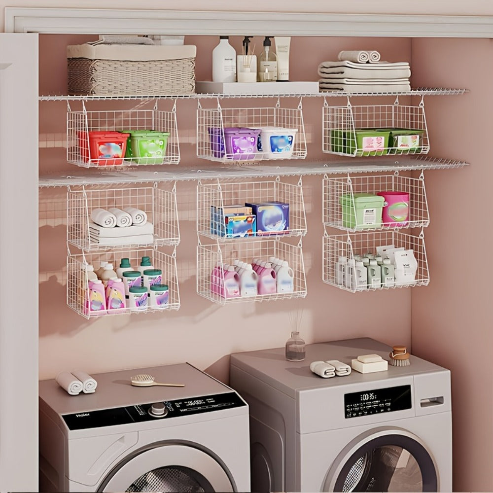 Hanging Laundry Basket Organizer 3pcs - Foldable Laundry Bag with 360¡ã Rotating Hook for Washing Machine & Drying Rack, Space Saving Metal Mesh Laundry Hamper for Bathroom, Laundry Room | Black & White