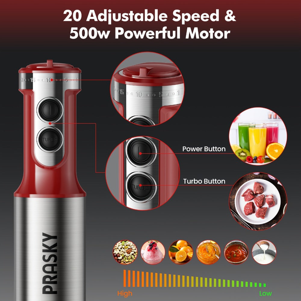 Immersion Blender 5-in-1 Handheld Mixer | Heavy Duty Motor | Whisk Meat Chopper Measuring Cup Attachments | Stick Blender for Soups Smoothies Sauces | Kitchen Hand Blender Red Black