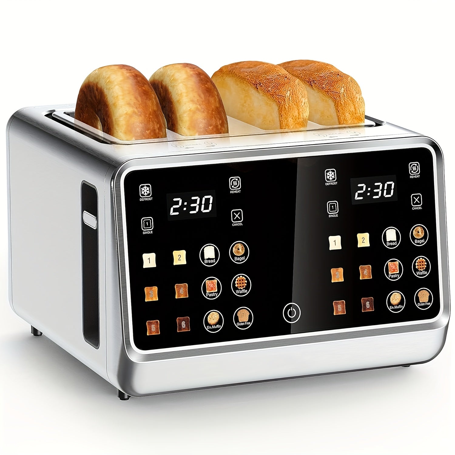 4-Slice Digital Smart Toaster with Touchscreen | Dual Control Panel, Single Slot Toasting, Timer, Reheat & Defrost Functions for Bagels, Bread & Waffles ¨C Stainless Steel Kitchen Essential