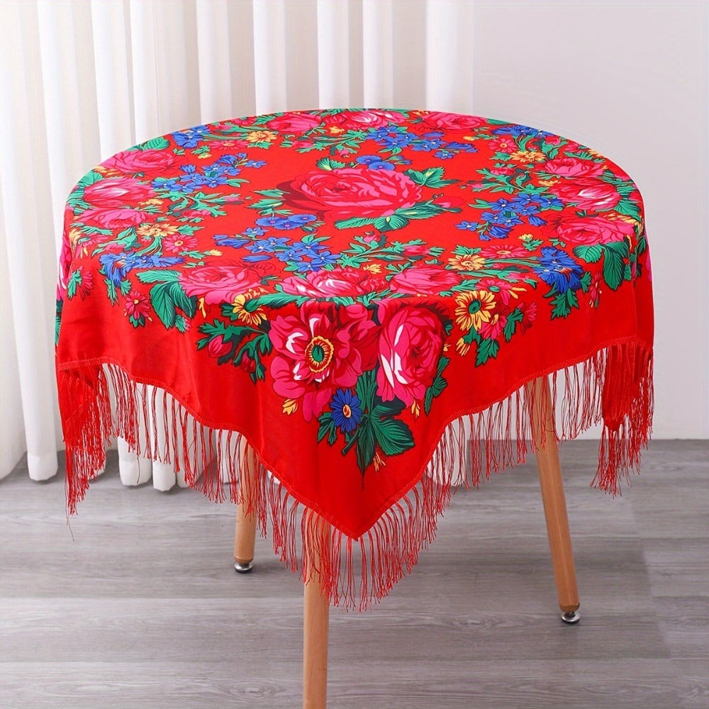 Floral Square Tablecloth with Tassels - Multicolor Flowers, Machine-Washable Polyester, Kitchen & Dining Room Table Cover with Tassel Trim
