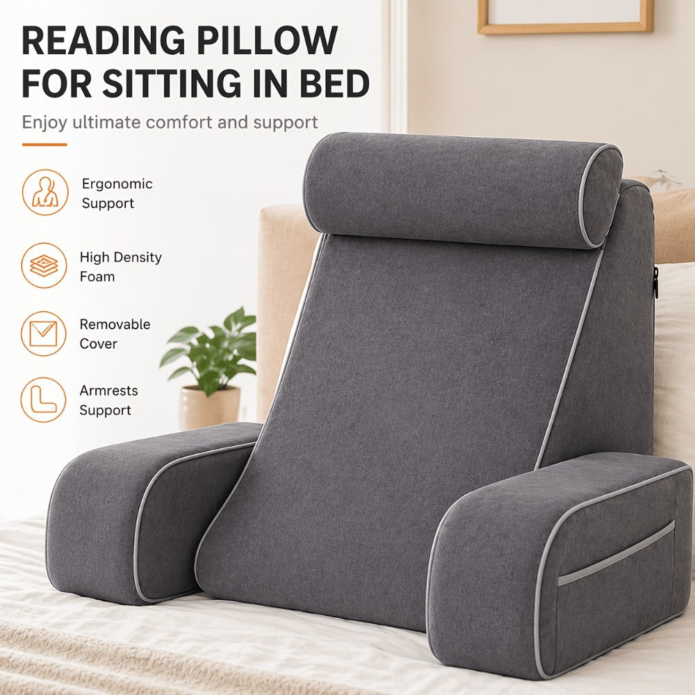 Reading Pillow for Adults Bed Rest Pillow with Arms 19 Inch Back Support Cushion Removable Washable Cover for Sitting Up in Bed Gaming Watching TV Reclining on Couch or Floor Backrest Wedge Pillow Grey