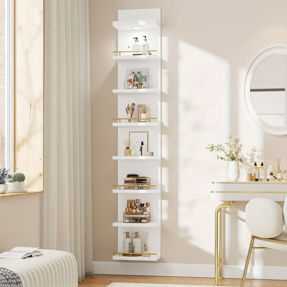 Floating Wall Shelves with LED Light - 6 & 8 Tier Wall Mounted Display Shelf Unit with Anti-Slip Rails for Bedroom, Living Room, Bathroom, Office & Dorm - Modern Space Saving Shelf (Black / White)