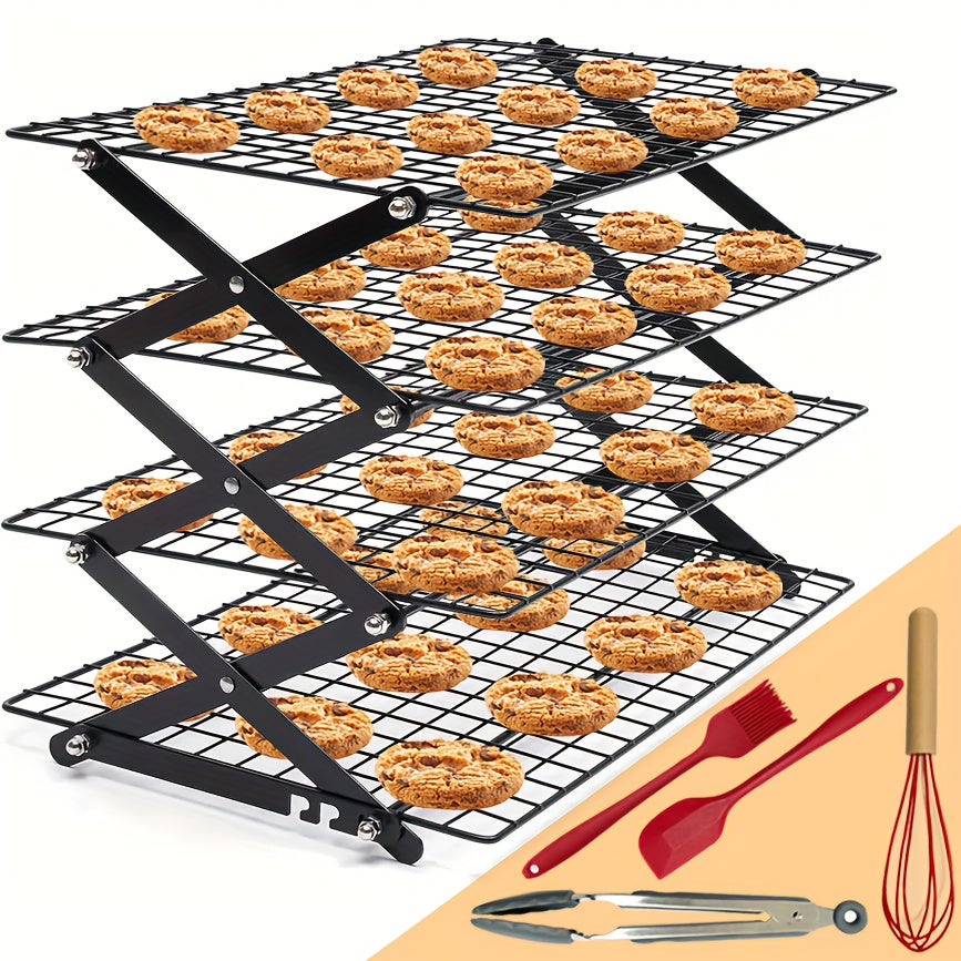 Foldable Cooling Rack Set ¨C Stackable Oven Cookie Cake Drying Rack with Free Baking Tools (Silicone Spatula, Egg Beater, Tongs, Brush) | 3/4/5 Tier Options for Kitchen, Camping & Holiday Baking