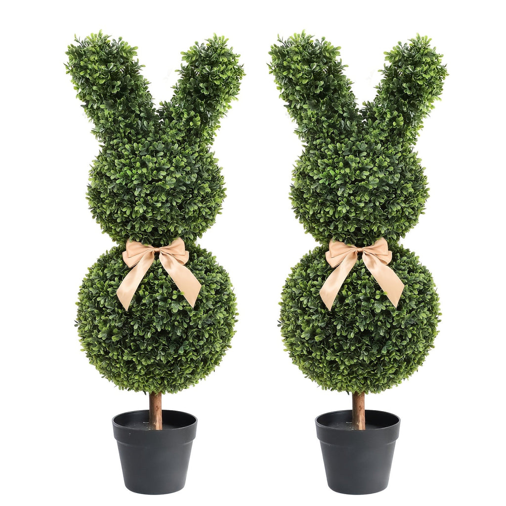 Artificial Boxwood Bunny Topiary 2-Pack | 3Ft Faux Rabbit Garden Statue with Bow, Indoor Outdoor Easter Spring Porch Decor, Lifelike Greenery Sculpture with Planter