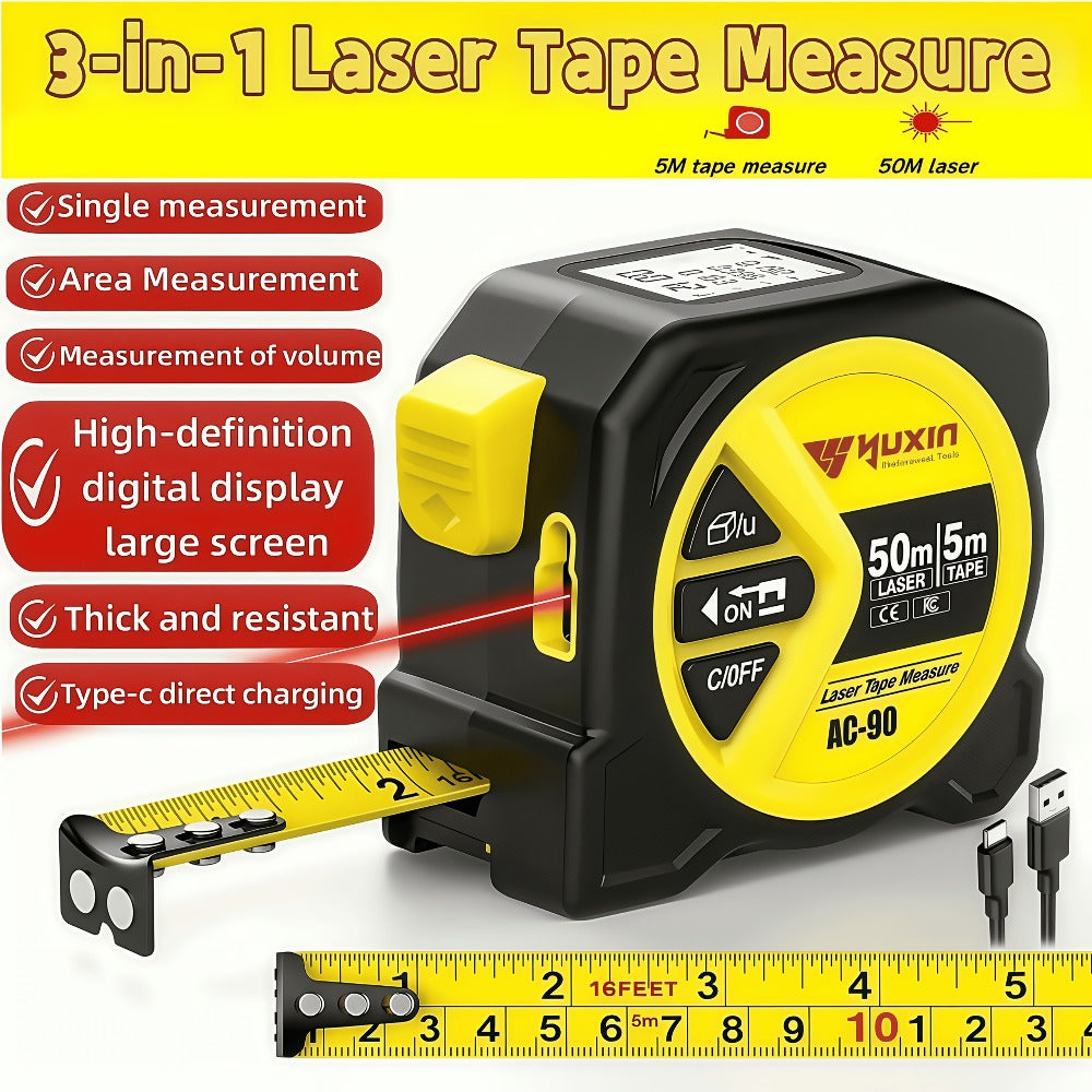 Laser Tape Measure 3-in-1 Digital Distance Meter 50M 165ft High Precision Infrared Rangefinder Smart HD Display USB Charging M In Ft Unit Switching Portable Measuring Tool