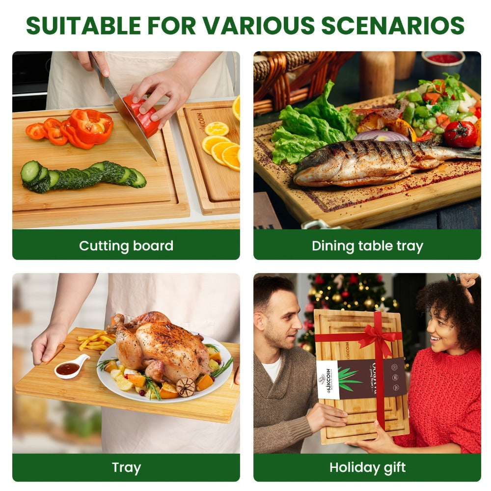 Bamboo Cutting Board Set 4pcs with Rack Juice Groove Knife Friendly Oversized Kitchen Chopping Boards for Meat Vegetables Fruit Multifunctional Gift for Family