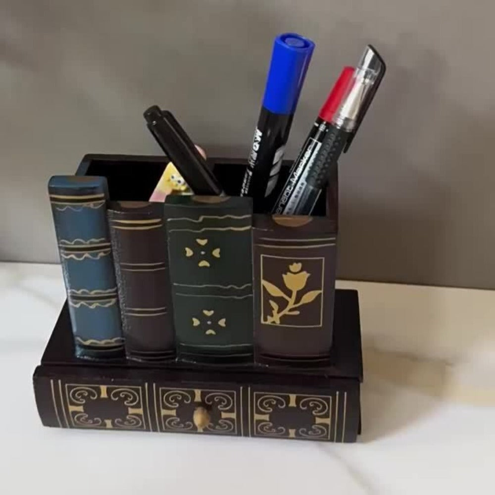 Wooden Pen Holder with Drawer Book-Shaped Desk Organizer, Vintage Retro Wood Desktop Storage Box with Hidden Drawer for Pens Pencils Remote Control, Decorative Office Home Study Room Gift
