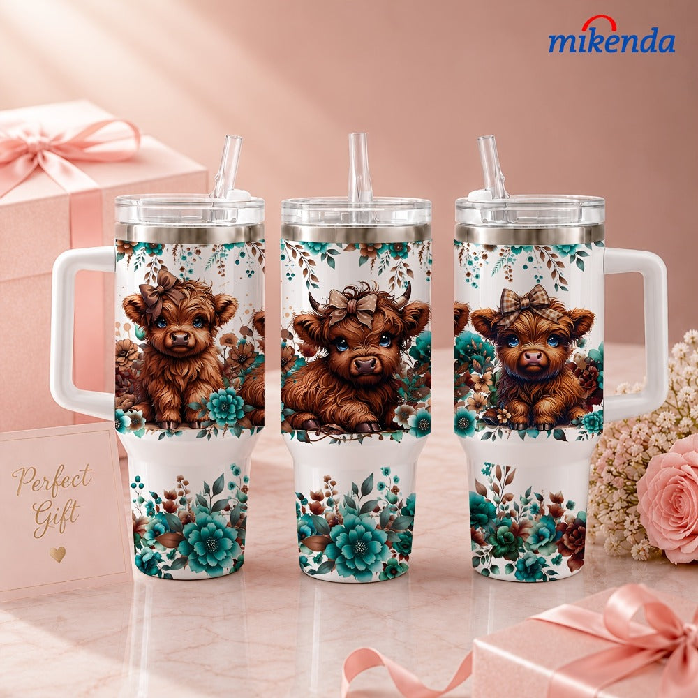 Highland Cow Insulated Tumbler Mug 40oz 16oz | Stainless Steel Vacuum Insulated | 24H Cold 12H Hot | Floral Teal Design | Gift