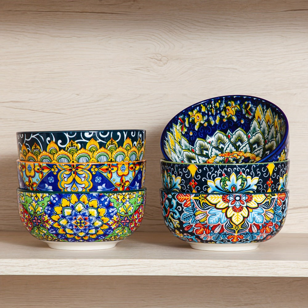Cereal Bowl Set of 6 Bohemian Style 26oz ¨C Colorful Ceramic Bowls for Cereal Soup Oatmeal Salad Ice Cream Pasta Microwave Dishwasher Safe Boho Kitchen Decor Gift for Home