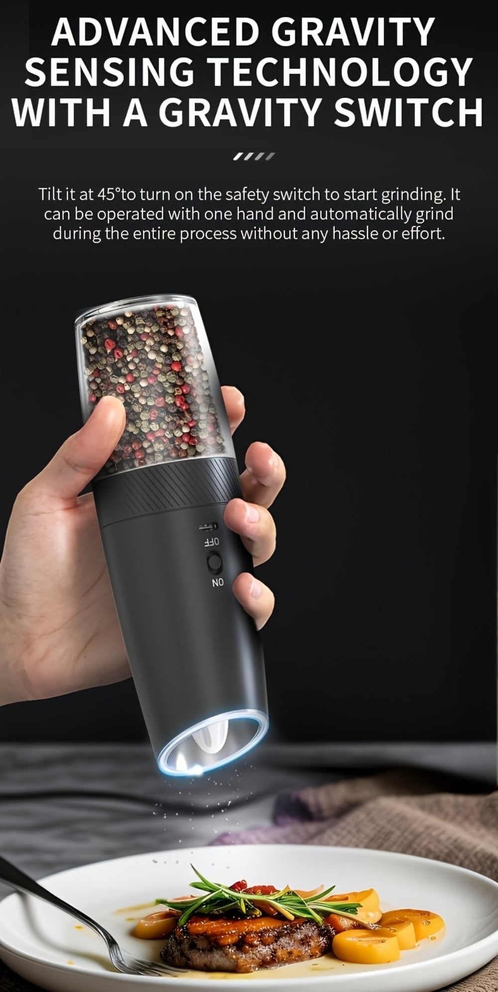Electric Salt and Pepper Grinder Gravity Sensing USB Rechargeable with LED Light, One-Hand Operation Automatic Pepper Mill Adjustable Coarseness, Battery or Type-C Powered Kitchen Spice Grinder Set 1-2pcs