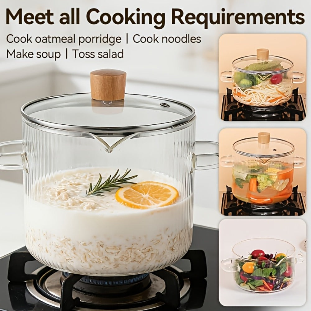 Glass Saucepan Set 2-Pack Stovetop Safe Borosilicate Ribbed Pots with Lids ¨C 78oz & 54oz Heat Resistant Cookware for Soup, Ramen, Milk | Transparent Glass Pot Kitchen Cooking Set with Baking Mat