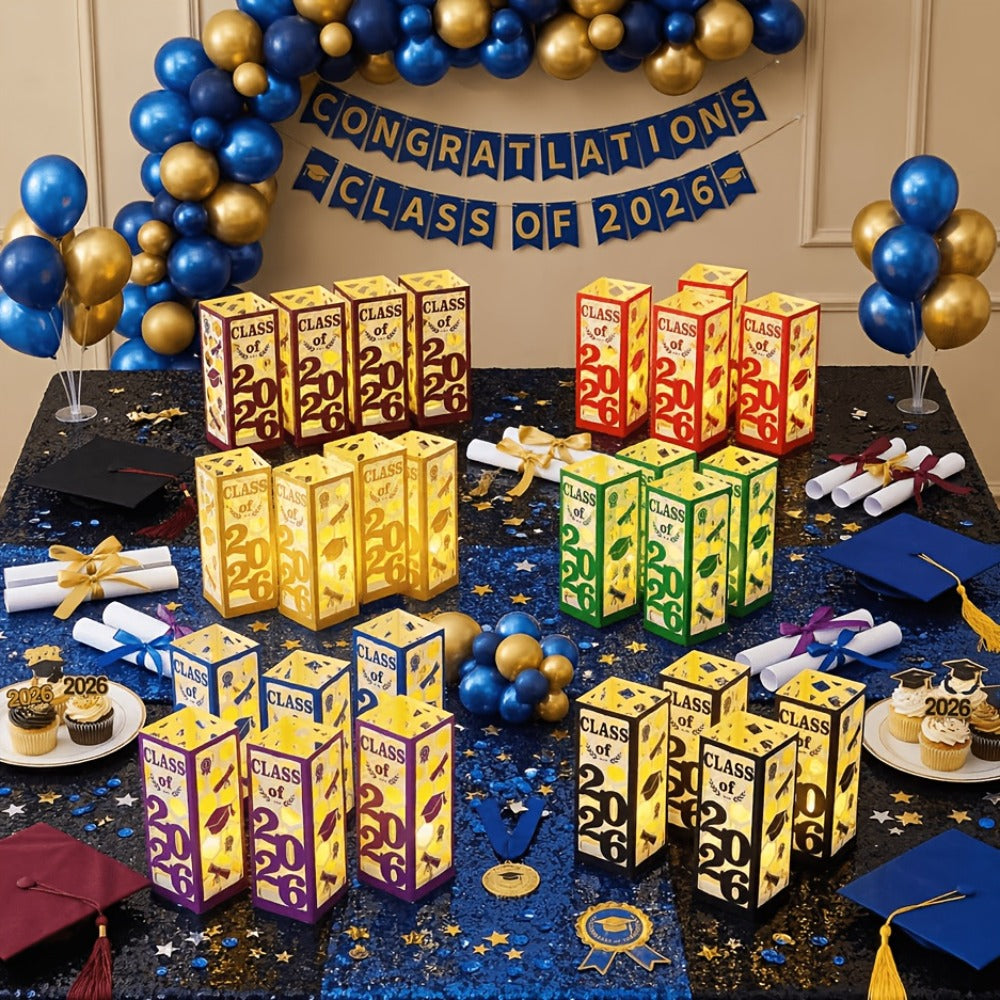 Graduation Centerpiece Set 6pcs Class of 2026 ¨C Decorative Lantern Box Table Decorations for High School & College Graduation Party, Photo Booth Props, Party Kit in Red Blue Green Purple Maroon