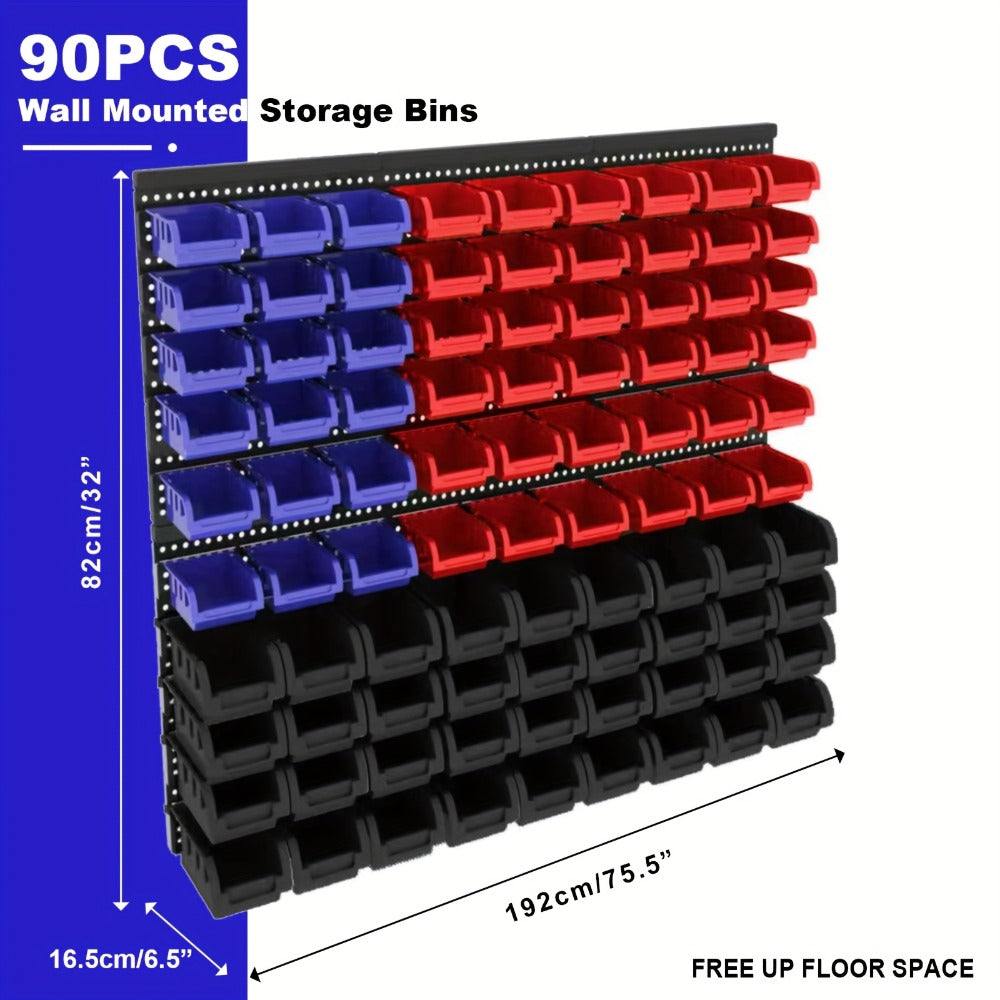 Wall Mounted Storage Bin Rack System ¨C Heavy Duty Small Parts Organizer for Screws, Nuts, Bolts & Nails | Stackable Garage Workshop Tool Storage Rack | 30/60/90 Bins Hardware Organizer