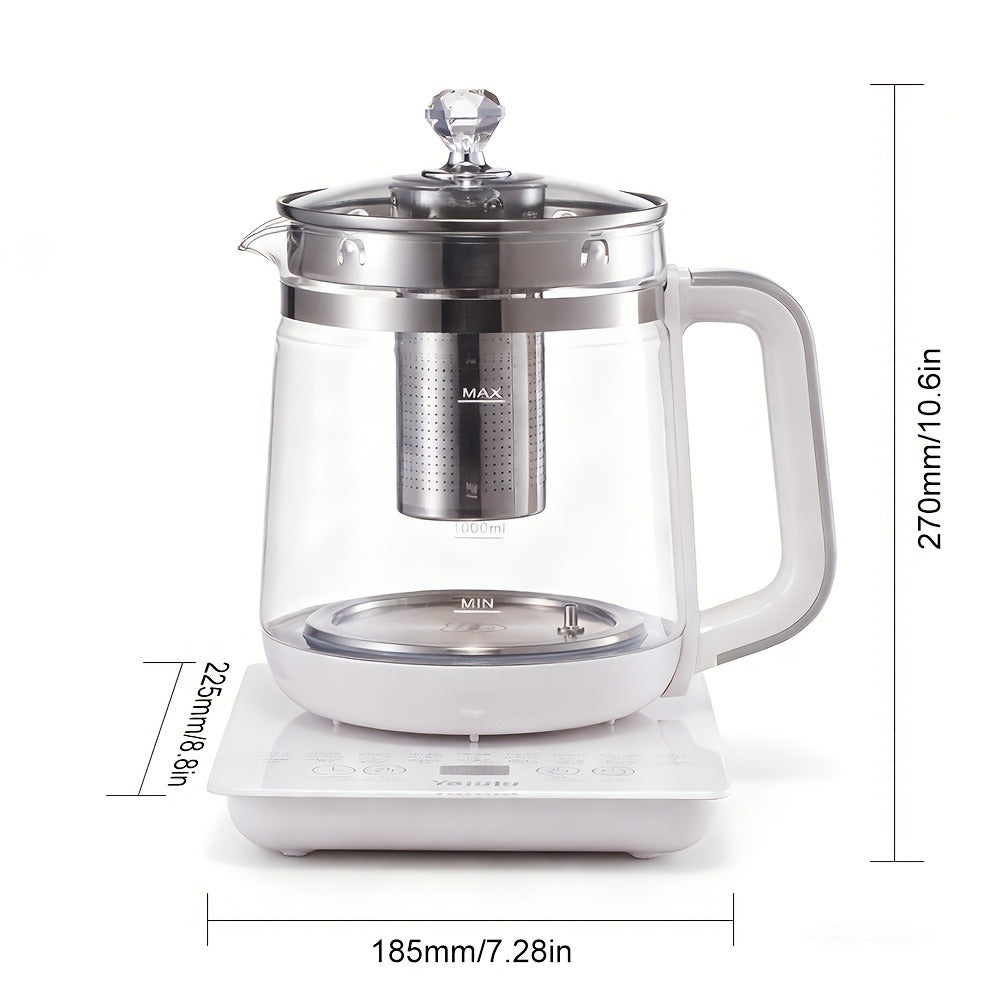 Multifunctional Electric Kettle 1.8L ¨C Thick Glass Health Kettle with 18 Smart Functions, Boil Water, Make Coffee, Cook Porridge & Steam Eggs, Removable Filter, Tea Set Included, US Plug ¨C White