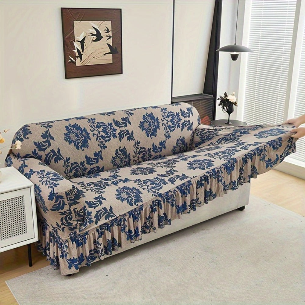 Stretch Sofa Cover Slipcover High-Stretch Fabric Ruffle Skirt Non-Slip Rod All-Season Snug Fit for 1 2 3 4 Seater Couch ¡ª Dark Blue with Pillow Cover