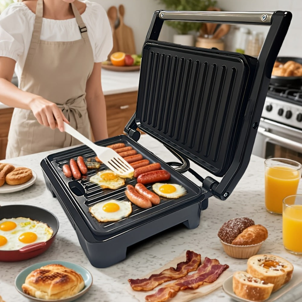 Electric Panini Press Grill Double-Sided Heating Sandwich Maker Waffle Iron Steak Grill Indoor Barbecue Machine for Panini Toasts Burgers Sausages Quick Meals Home Kitchen