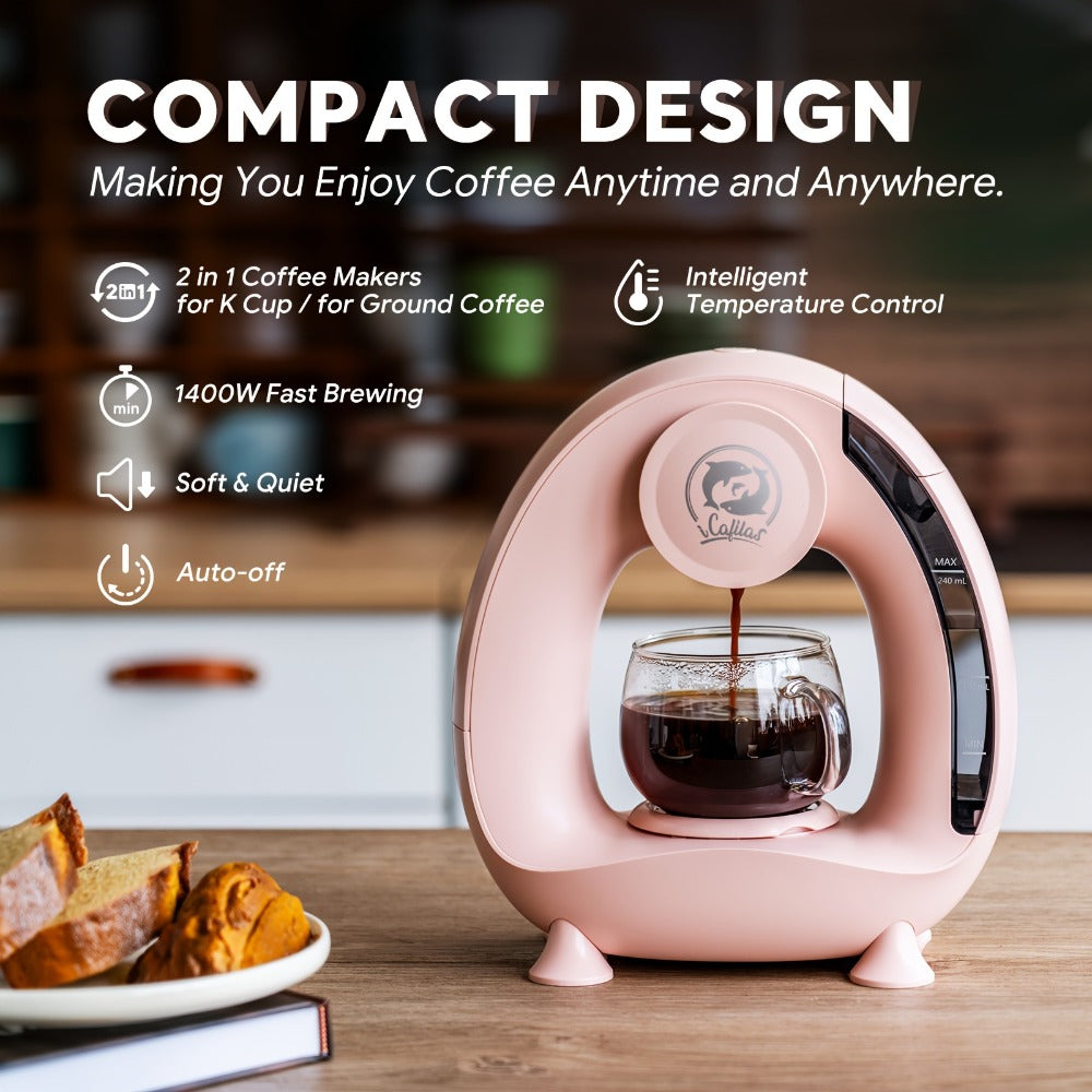 Single Serve Coffee Maker 2-in-1 K-Cup Compatible and Coffee Grounds - Mini Drip Coffee Machine 4-8oz Fast Brew for Home Office Travel Dorm, Compact Coffee and Tea Maker with Removable Tank Quiet Operation