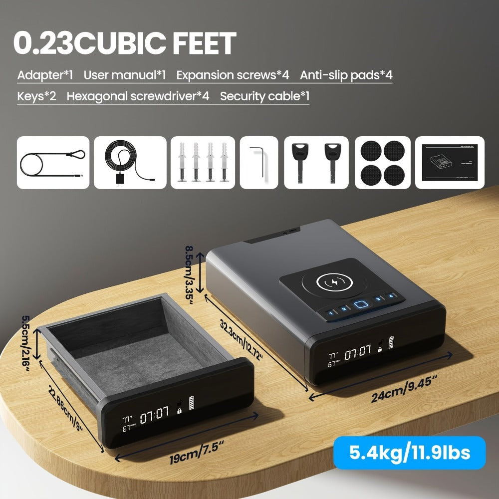 Biometric Gun Safe with Fingerprint Lock LED Clock and Wireless Charging DOJ Pistol Safe Backlit Keypad LED Light 2-in-1 Watch Mobile Charging Jewelry Storage Bedside Nightstand Safe Grey Black