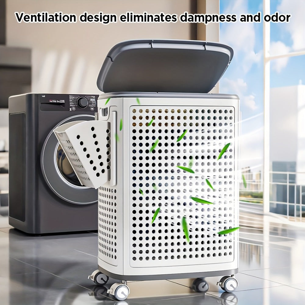 Wheeled Laundry Hamper Large Foldable with Dividers & Dust-Proof Lid ¨C 360¡ã Breathable Mesh Basket on Wheels, Reinforced Steel Base, Portable Clothes Organizer for Bedroom, Bathroom & Dorm