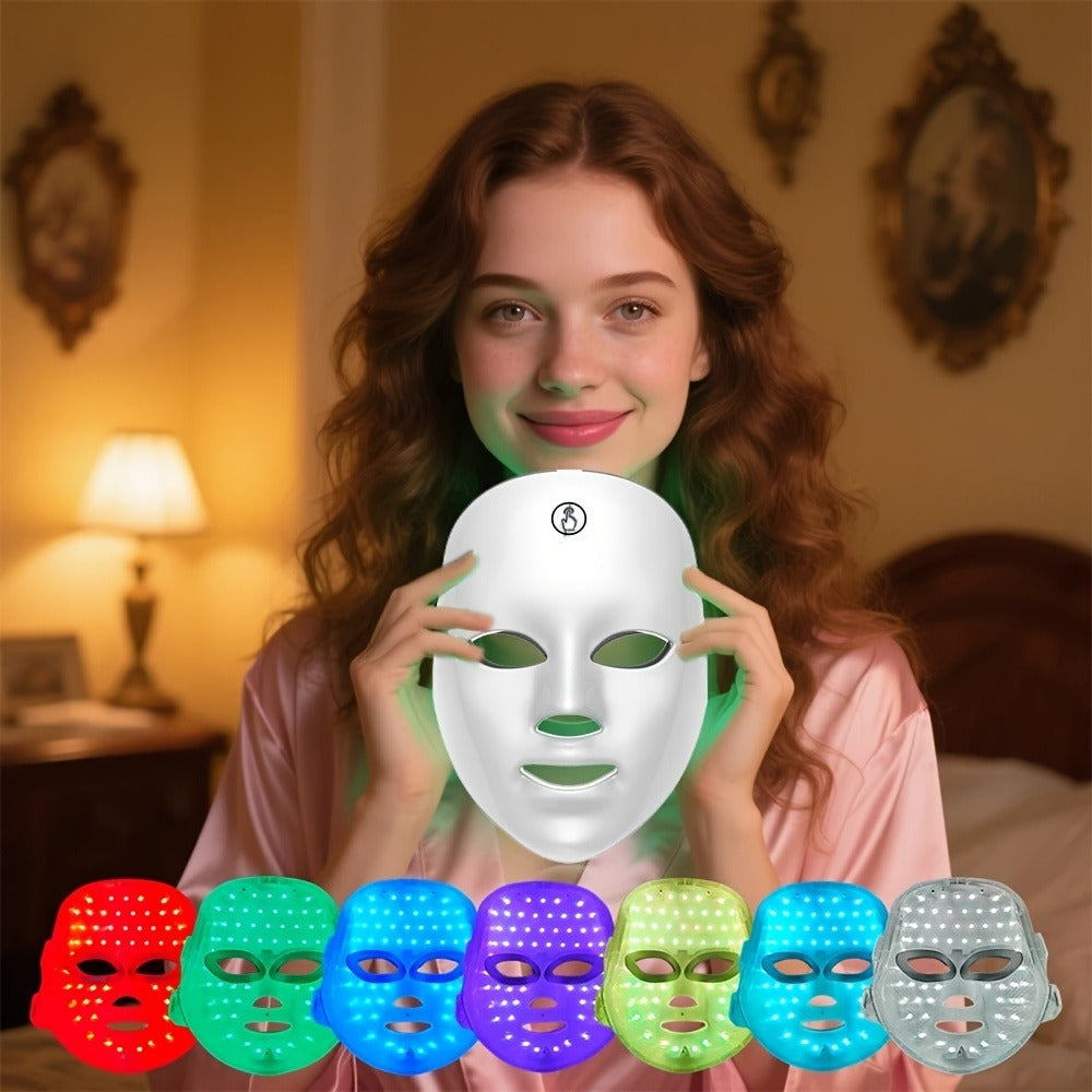 LED Light Therapy Facial Beauty Device - 7 Color Photon Skin Rejuvenation Face Care Tool, USB Powered Anti-Aging Wrinkle Acne Treatment Home Spa