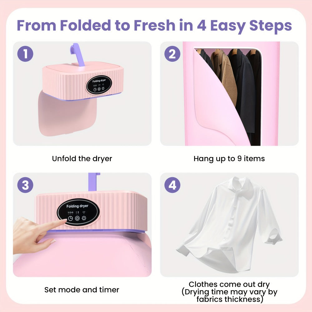 Portable Clothes Dryer with LED UV Light Foldable Compact Quiet Fast Drying Machine with Timer Easy Setup for Apartments Travel RV Small Spaces Pink Khaki Purple