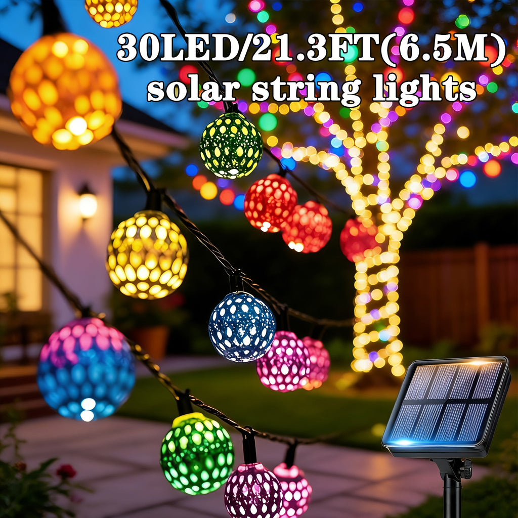 Moroccan Solar String Lights Outdoor - Metal Sphere Fairy Lights with 20/30/50 LED Beads, 8 Modes, IPX65 Waterproof | Boho Garden Lights for Patio, Lawn, Wedding, Christmas Tree & Party Decoration
