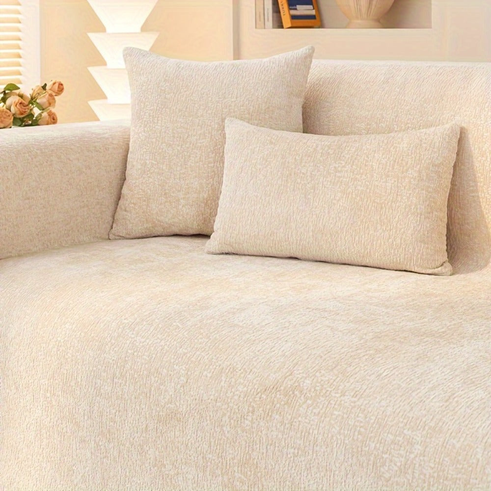 Chenille Sofa Cover with Fringe 300GSM - Super Soft Pet Friendly Solid Couch Slipcover for Single 2 4 Seater Living Room Decoration, 4 Colors