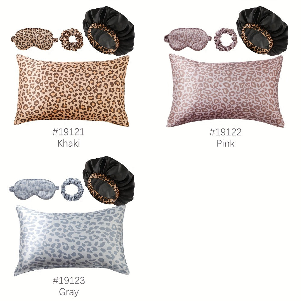 Leopard Print Pillow Covers Set of 4 with Sleep Mask and Headband Machine Washable Polyester Woven Fabric Travel Bedroom Decorative Pillowcase