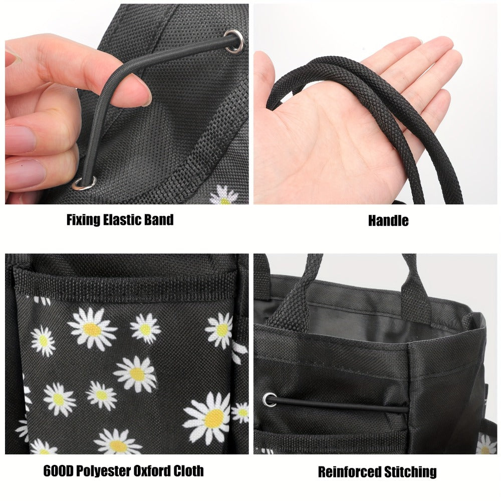 Garden Tool Bag Heavy Duty Multi-Pocket Organizer ¨C Large Capacity Tool Storage Carrier Tote for Gardening, Lawn Care, Camping & Outdoor Work, Portable Daisy Pattern, Black & Gray (No Tools Included)