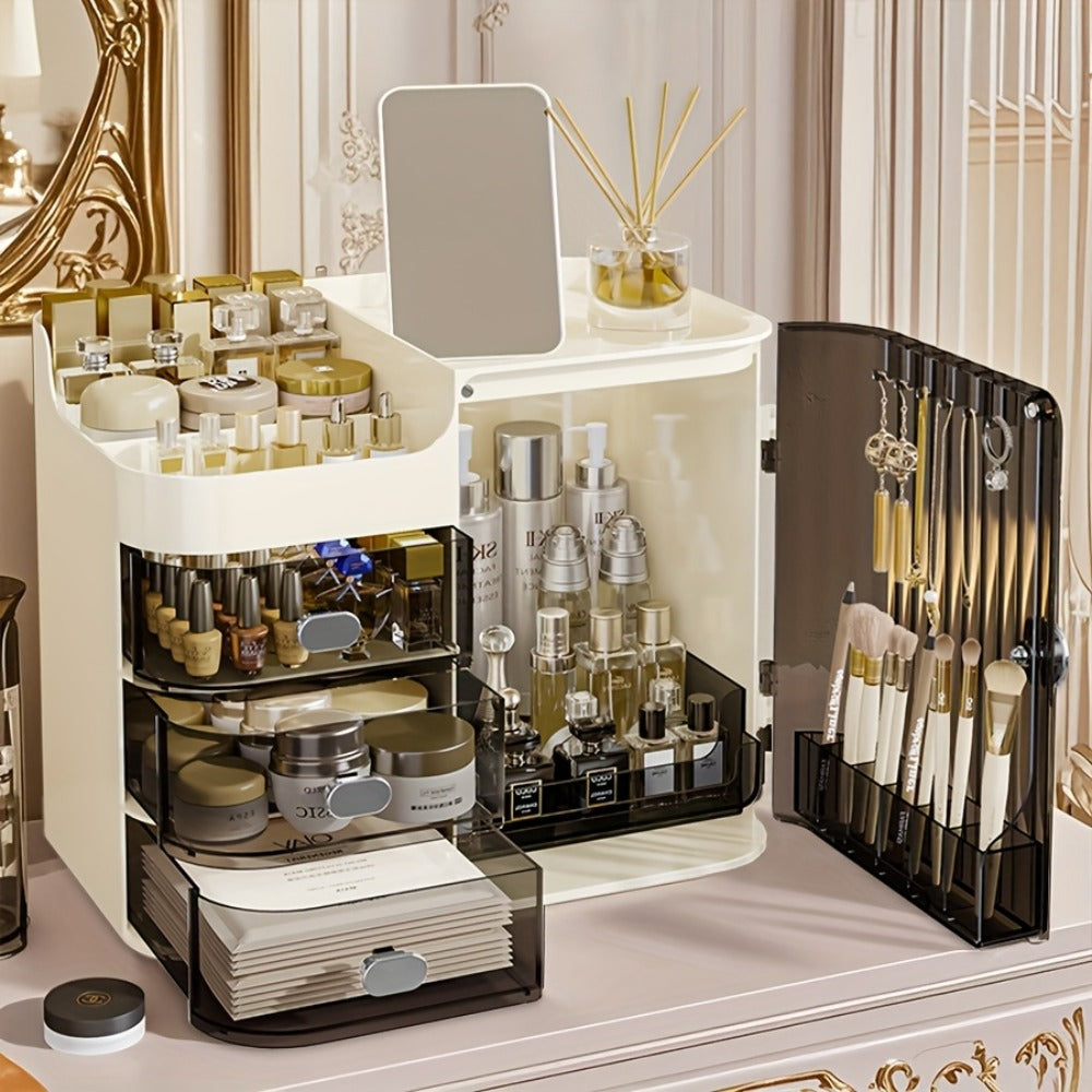 Makeup Organizer with 3 Drawers and Mirror - Large Capacity Cosmetic Storage Box Vanity Organizer for Skincare Contact Lens Display Case Bathroom Counter Organizer | Transparent Black Cream White