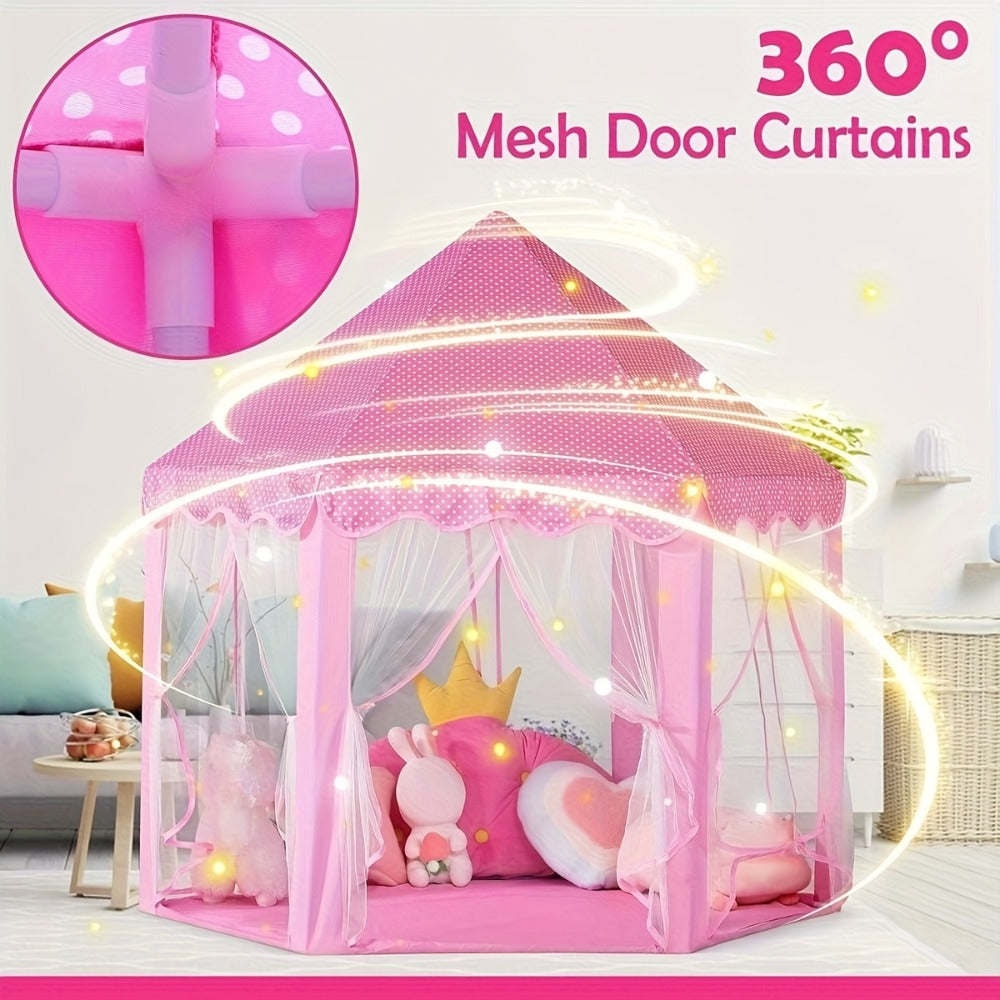 Kids Princess Tent Hexagonal Play Tent with Sheer Door Curtain ¨C Flower Pattern Mosquito Net Castle for Girls, Indoor Outdoor Playhouse Canopy Bed Tent