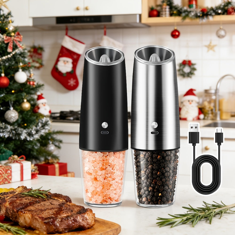 2pcs USB Rechargeable Electric Salt and Pepper Grinder Set with LED Light & Adjustable Coarseness, One-Hand Operation