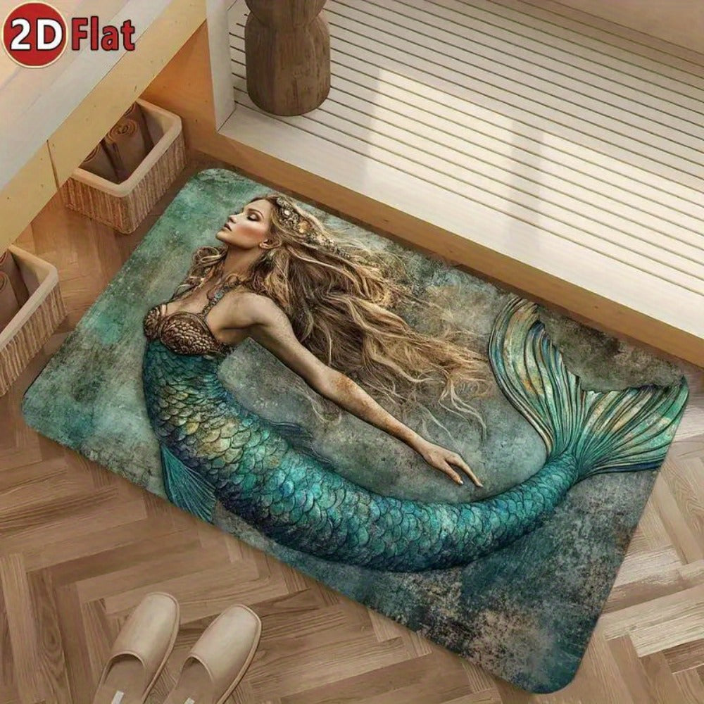 Diatomaceous Earth Bath Mat Mermaid Non-Slip Quick-Dry Absorbent Bathroom Rug Teal Ocean Design for Bathroom Kitchen Living Room