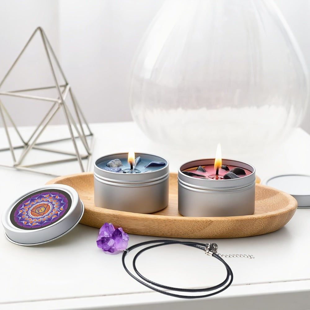 Scented Candle Gift Set 7 Soy Wax Candles with Natural Crystal Pendants 7 Colors Aromatherapy Candles for Home Decor Yoga Meditation Christmas Halloween Birthday Gift for Women Men