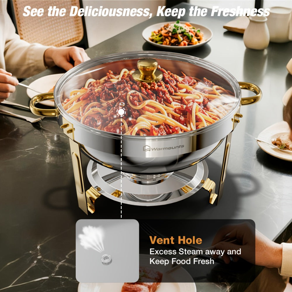 Gold Chafing Dishes Buffet Set 5QT Round Stainless Steel Food Warmer with Glass Lid Lid Holder Mirror Polished for Wedding Party Catering Events - 2 Pack or 4 Pack Chafer Buffet Server