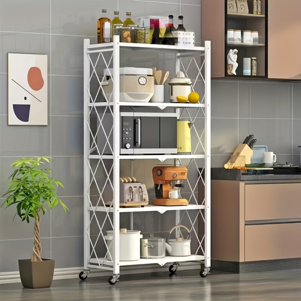 Rolling Storage Rack with Wheels 3 4 5 Tier Folding Shelving Unit No Assembly Required, Freestanding Metal Shelf Organizer for Kitchen Living Room Garage Office Basement, Black White