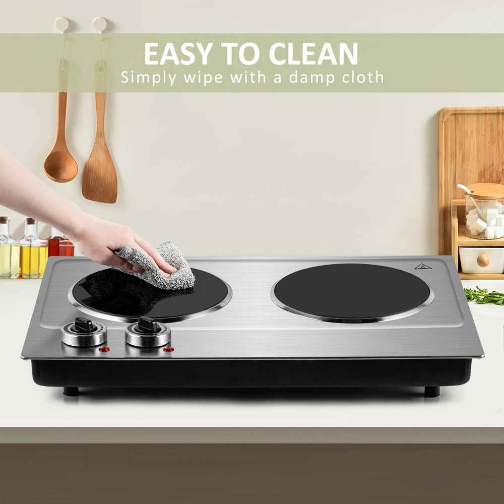 Electric Infrared Cooktop Double Burner Hot Plate ¨C 1800W Portable Dual Temperature Control, Easy-Clean Smooth Surface, Countertop Infrared Stove for Home Kitchen & Dorm, Black or Silver