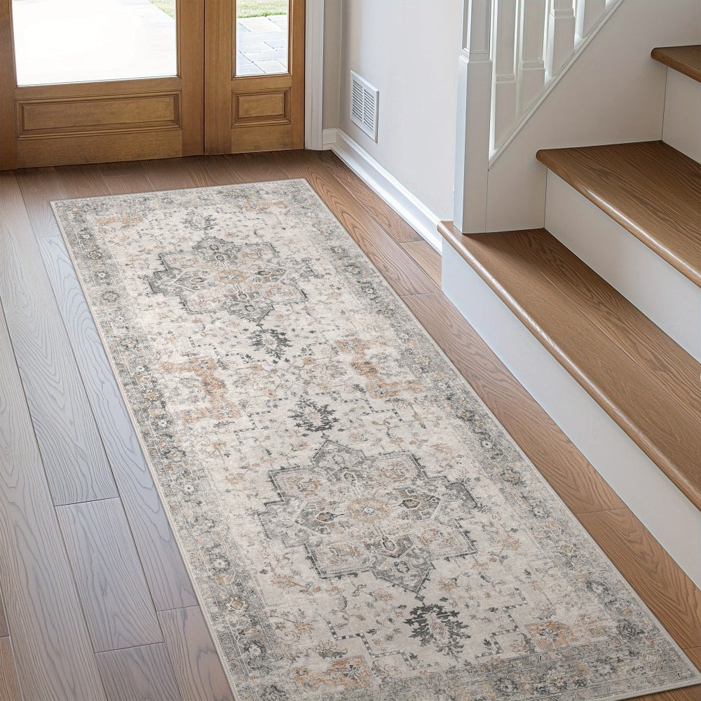 Runner Rug Machine Washable Non-Slip Vintage Hallway Area Rug Low Pile Lightweight Boho Floral for Entryway Kitchen Corridor Light Taupe Brown