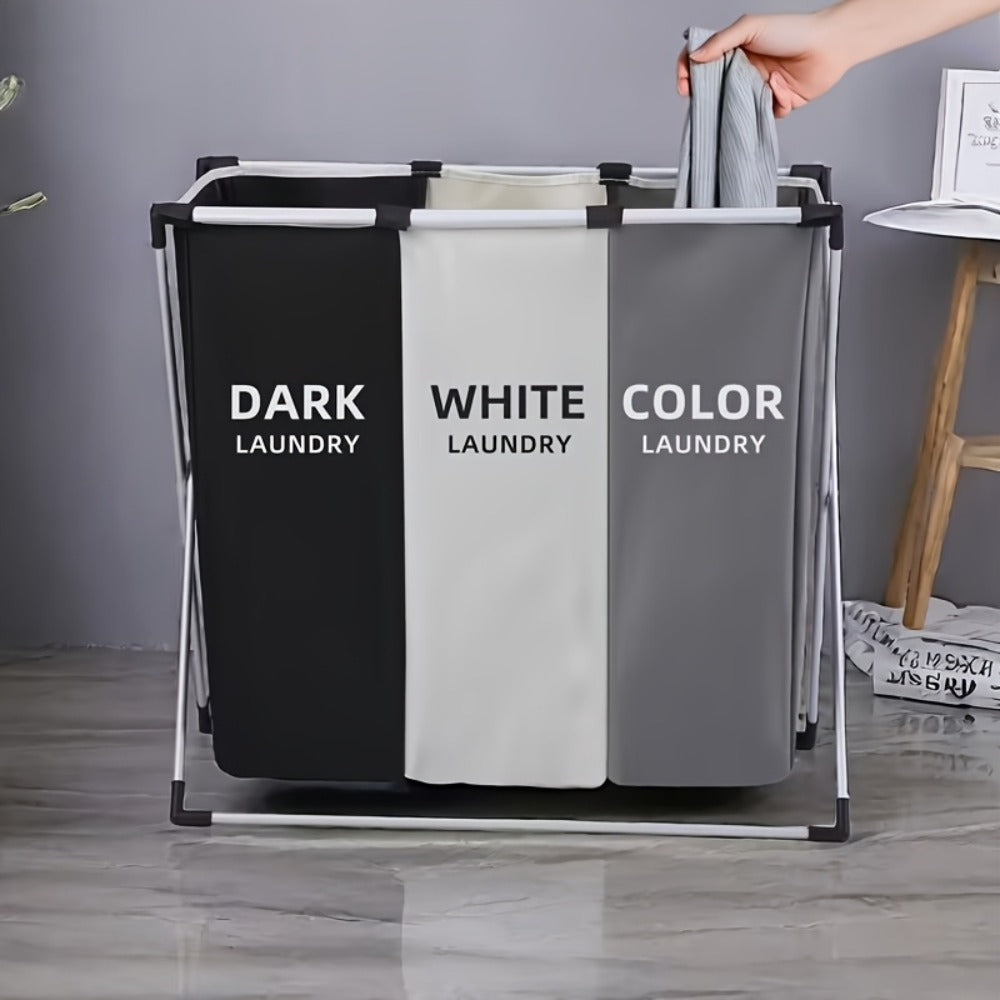 Laundry Hamper Sorter 3-Section Foldable Basket with Oxford Bags Large Rectangular Hamper with Handles Durable Fabric for Home Dorm Bathroom Bedroom College